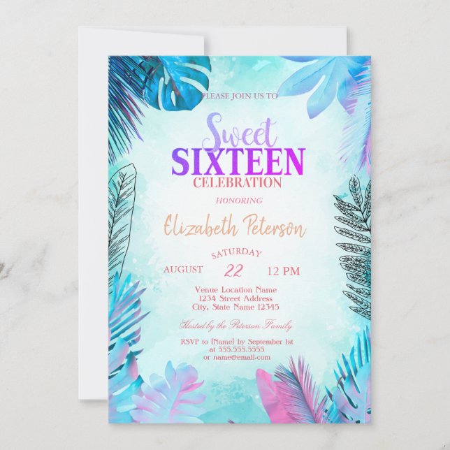 Blue Palm Leaves Summer Sweet 16 Invitation (Front)