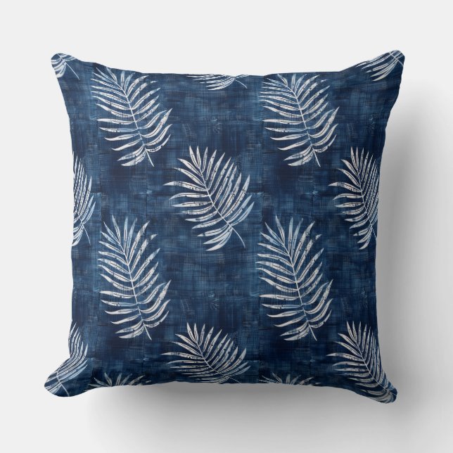 Blue Palm Leaves Throw Pillow (Front)