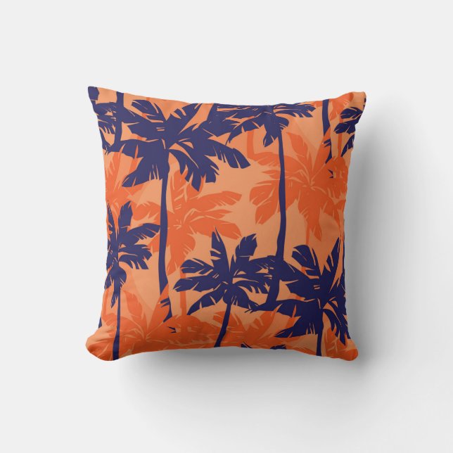 Blue palm silhouette, orange background cushion (Front)