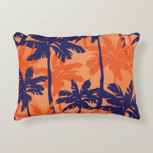 Blue palm silhouette, orange background decorative cushion