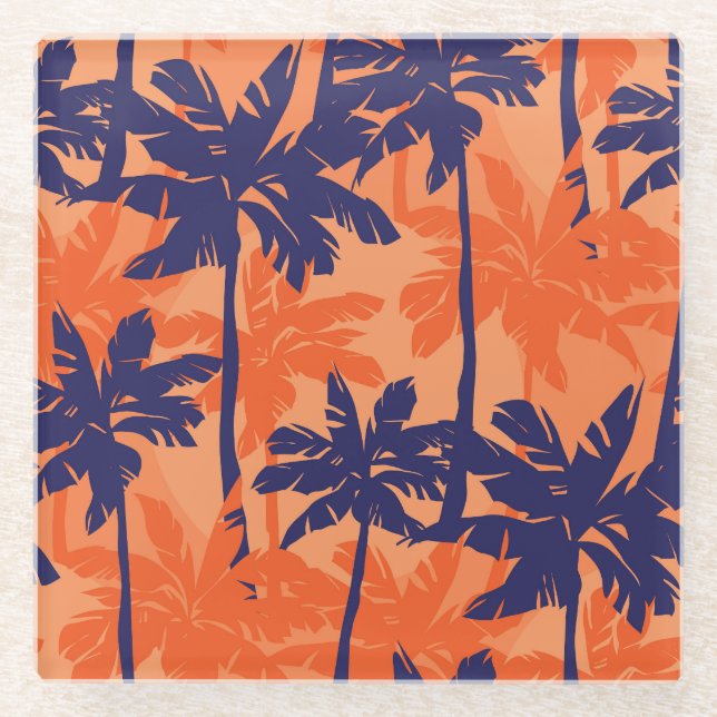 Blue palm silhouette, orange background glass coaster (Front)