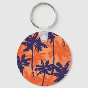 Blue palm silhouette, orange background key ring