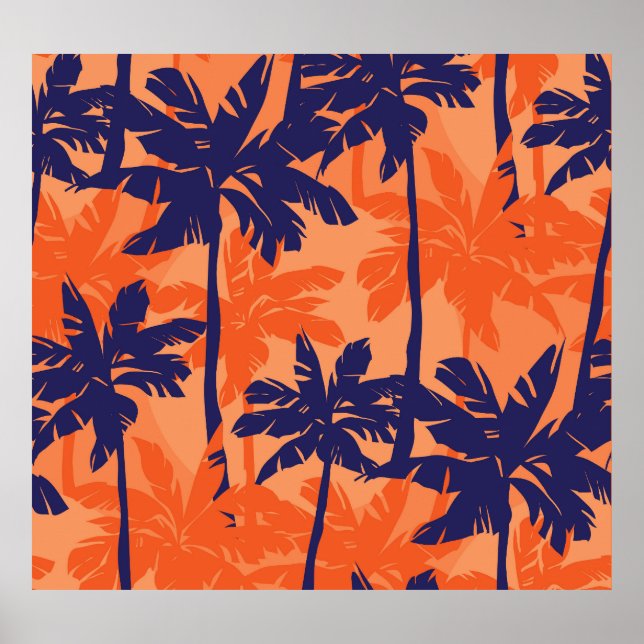 Blue palm silhouette, orange background poster (Front)