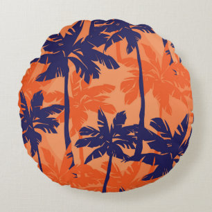Blue palm silhouette, orange background round cushion