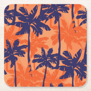 Blue palm silhouette, orange background square paper coaster