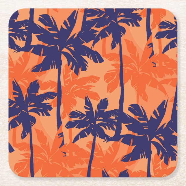 Blue palm silhouette, orange background square paper coaster (Front)