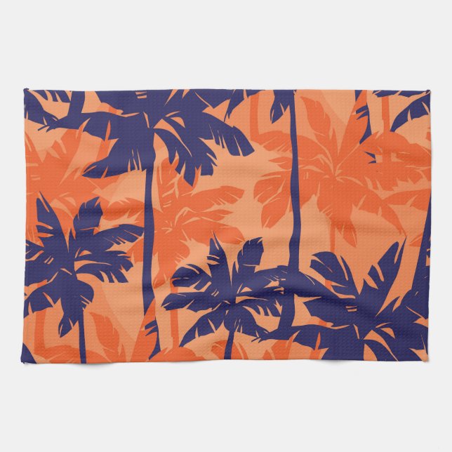 Blue palm silhouette, orange background tea towel (Horizontal)
