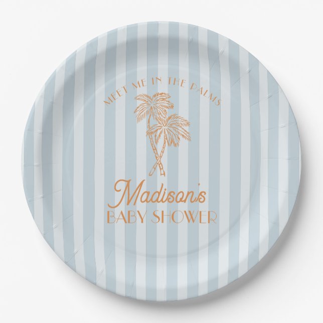 Blue Palm Spring Pastel Beach Baby Shower Paper Plate (Front)