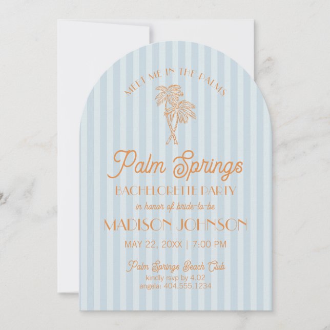 Blue Palm Springs Pastel Beach Bachelorette Party Invitation (Front)