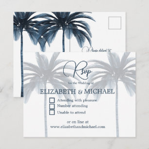 Blue Palm Tree Elegant Modern Wedding RSVP Postcard