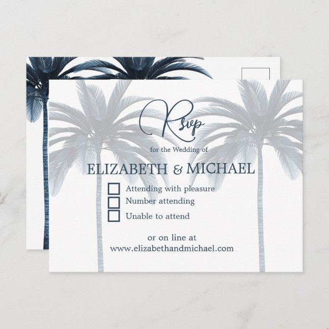 Blue Palm Tree Elegant Modern Wedding RSVP Postcard (Front/Back)