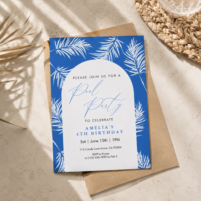 Blue Palm Tree Watercolor Pool Party Invitation (Creator Uploaded)