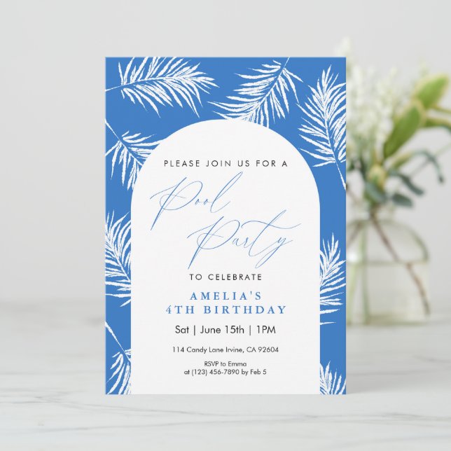 Blue Palm Tree Watercolor Pool Party Invitation (Standing Front)