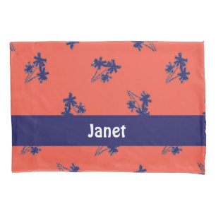 Blue palm trees on pink pillowcase