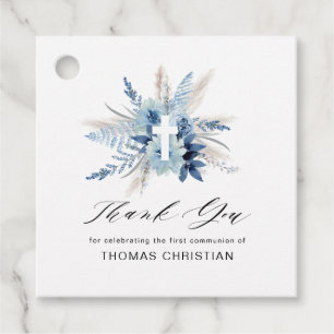 blue pampas floral cross first communion favour tags