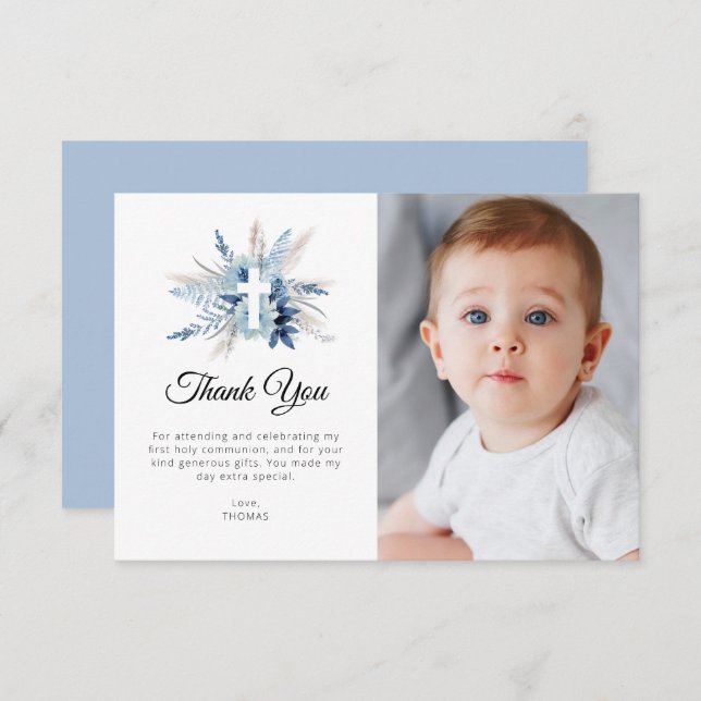 blue pampas floral first communion thank you card (Front/Back)
