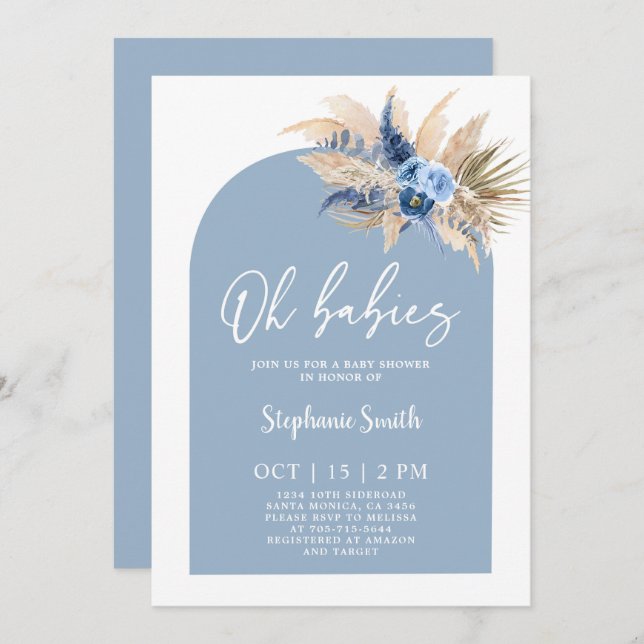 Blue Pampas Grass Baby Shower Twin Boys Invitation (Front/Back)