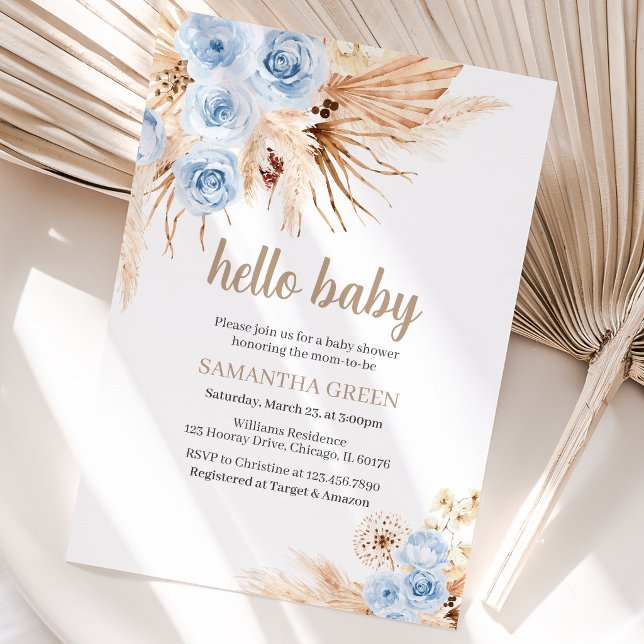 Blue Pampas Grass Boho Baby Shower Invitation (Creator Uploaded)
