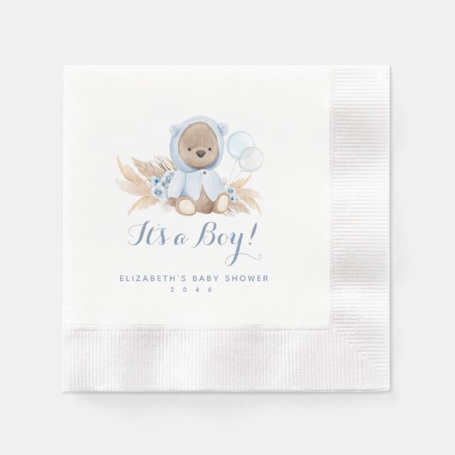 Blue Pampas Grass Boho Bear Baby Shower Napkins (Front)