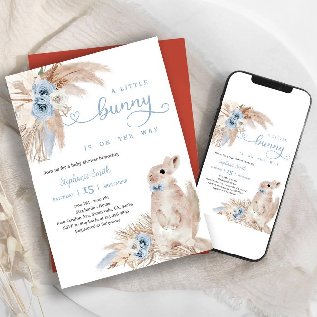 Blue Pampas Grass Boho Boy Baby Shower Invitation (Creator Uploaded)