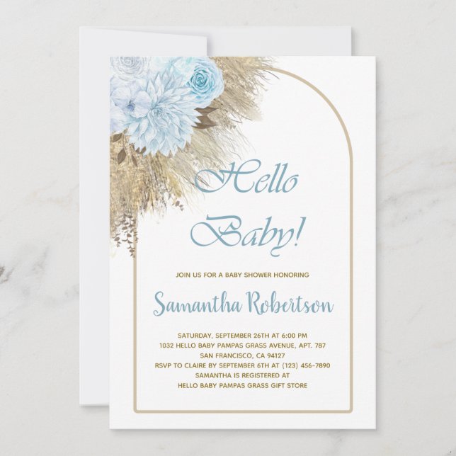Blue Pampas Grass Boho Boy Baby Shower Invitation (Front)