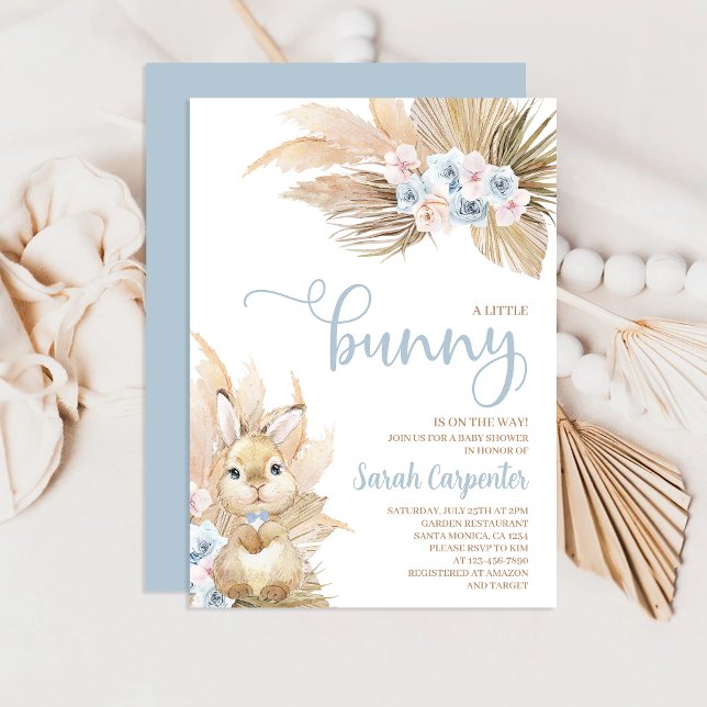 Blue Pampas Grass Boy Bunny Baby Shower Invitation (Creator Uploaded)