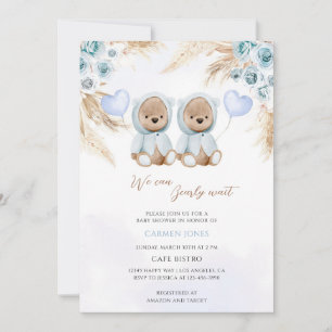 Blue Pampas Grass Twin Boys Teddy Bear Baby Shower Invitation