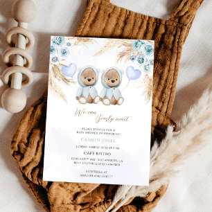 Blue Pampas Grass Twin Boys Teddy Bear Baby Shower Invitation