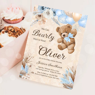 Blue Pampas Grass We Can Bearly Wait Baby Shower Invitation