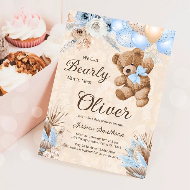 Blue Pampas Grass We Can Bearly Wait Baby Shower Invitation (Creator Uploaded)