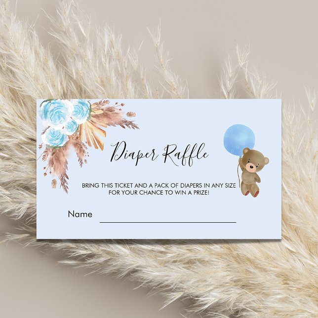 Blue pampas teddy baby shower diaper raffle ticket enclosure card (Creator Uploaded)