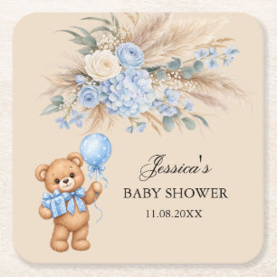 Blue Pampas Teddy Bear Roses Baby Shower Square Paper Coaster