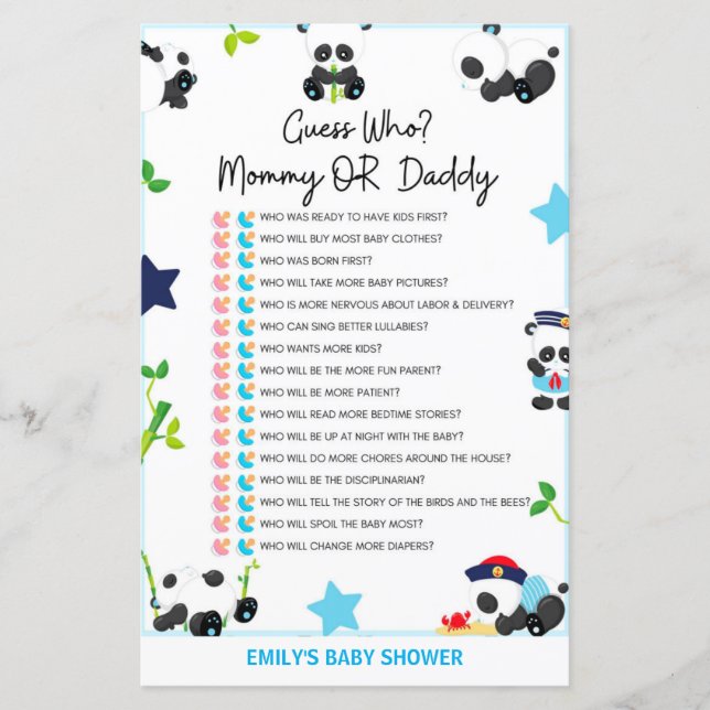 Blue Panda Baby Shower Game (Front)