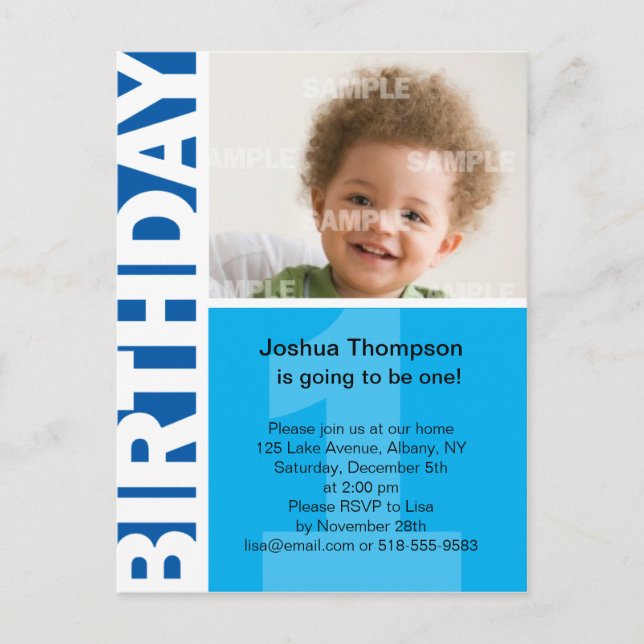 Blue Panel 1st Birthday Invitation Postcard (Front)