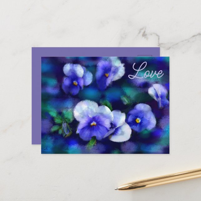 Blue Pansies Pansy Flower Floral Flowers Love Postcard (Front/Back In Situ)