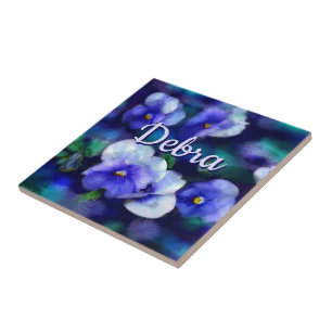 Blue Pansies Pansy Flower Floral Personalised Tile
