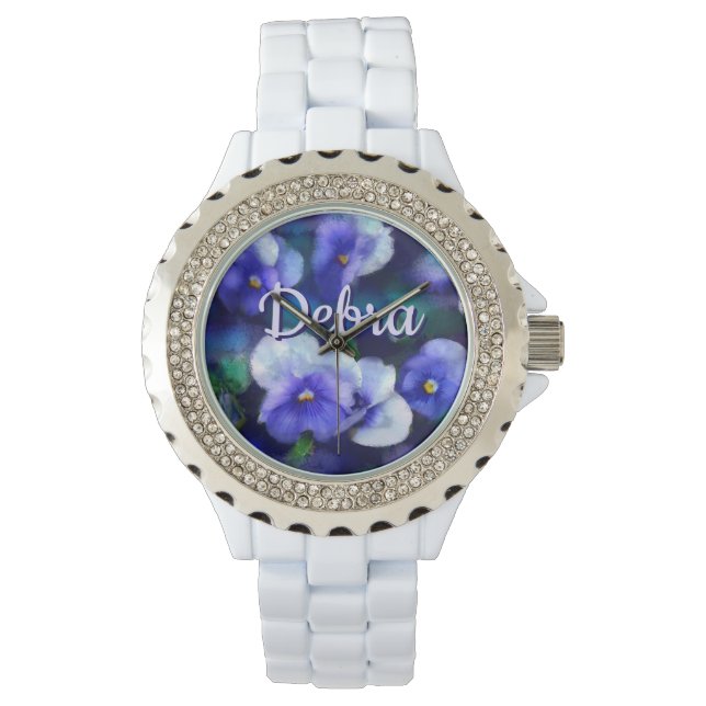 Blue Pansies Pansy Flower Floral Personalised Watch (Front)