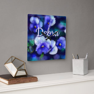 Blue Pansies Pansy Flower Floral Personalized Square Wall Clock