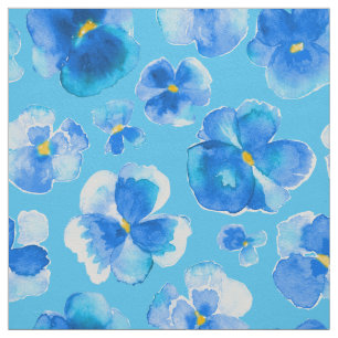 Blue pansies watercolor flower art fabric