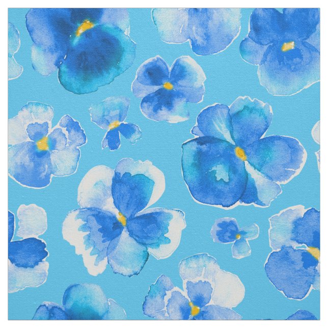 Blue pansies watercolor flower art fabric (Swatch)