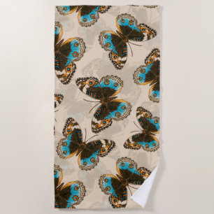 Blue Pansy Butterfly pattern on off white Beach Towel