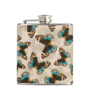 Blue Pansy Butterfly pattern on off white Hip Flask