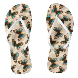 Blue Pansy Butterfly pattern on off white Jandals