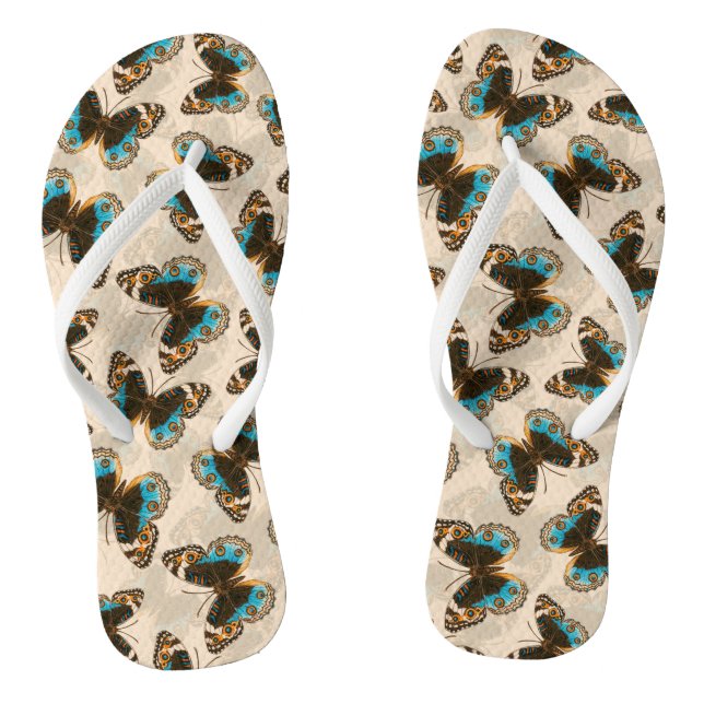 Blue Pansy Butterfly pattern on off white Jandals (Footbed)
