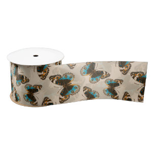 Blue Pansy Butterfly pattern on off white Satin Ribbon