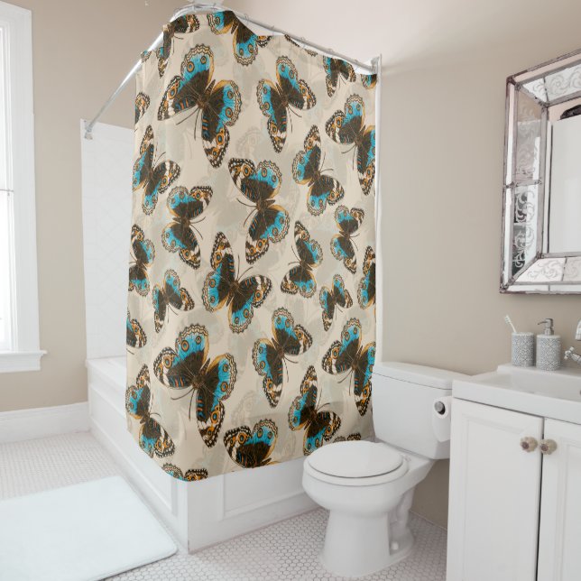 Blue Pansy Butterfly pattern on off white Shower Curtain (In Situ)
