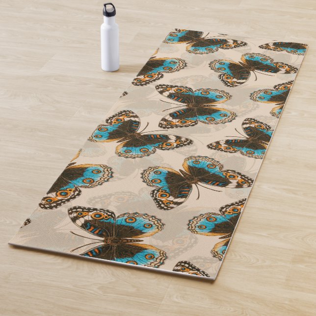 Blue Pansy Butterfly pattern on off white Yoga Mat (In Situ)