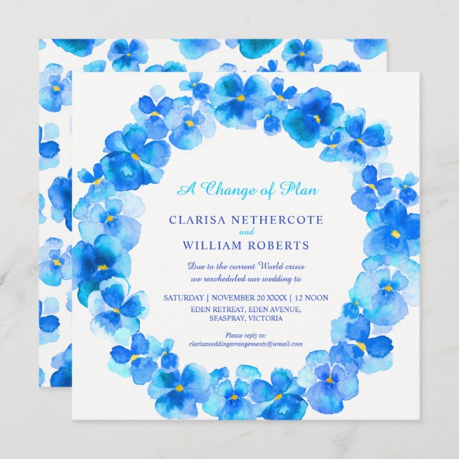 Blue pansy change of plan wedding rescheduled invitation (Front/Back)