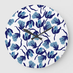 Blue Pansy Floral: Hand-Drawn Seamless. Large Clock