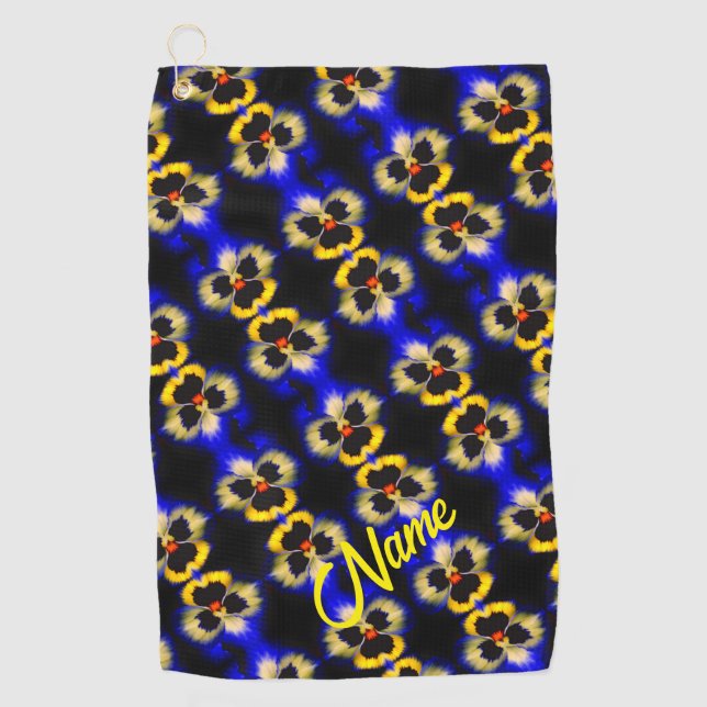 Blue Pansy Flower Abstract Pattern Personalised Golf Towel (Front)